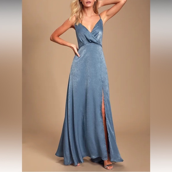Lulus Constantine Slate Blue Satin Maxi Dress Medium - Picture 2 of 12